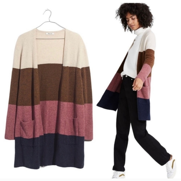 Madewell Kent Striped Colorblock Cozy Merino Wool/Alpaca Blend Cardigan Duster L - Picture 1 of 11